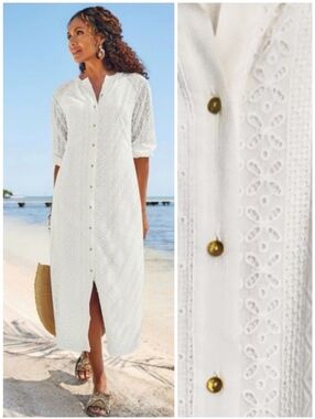 Soft Surroundings Boho Eyelet Cotton Gold Button Up Dress, L